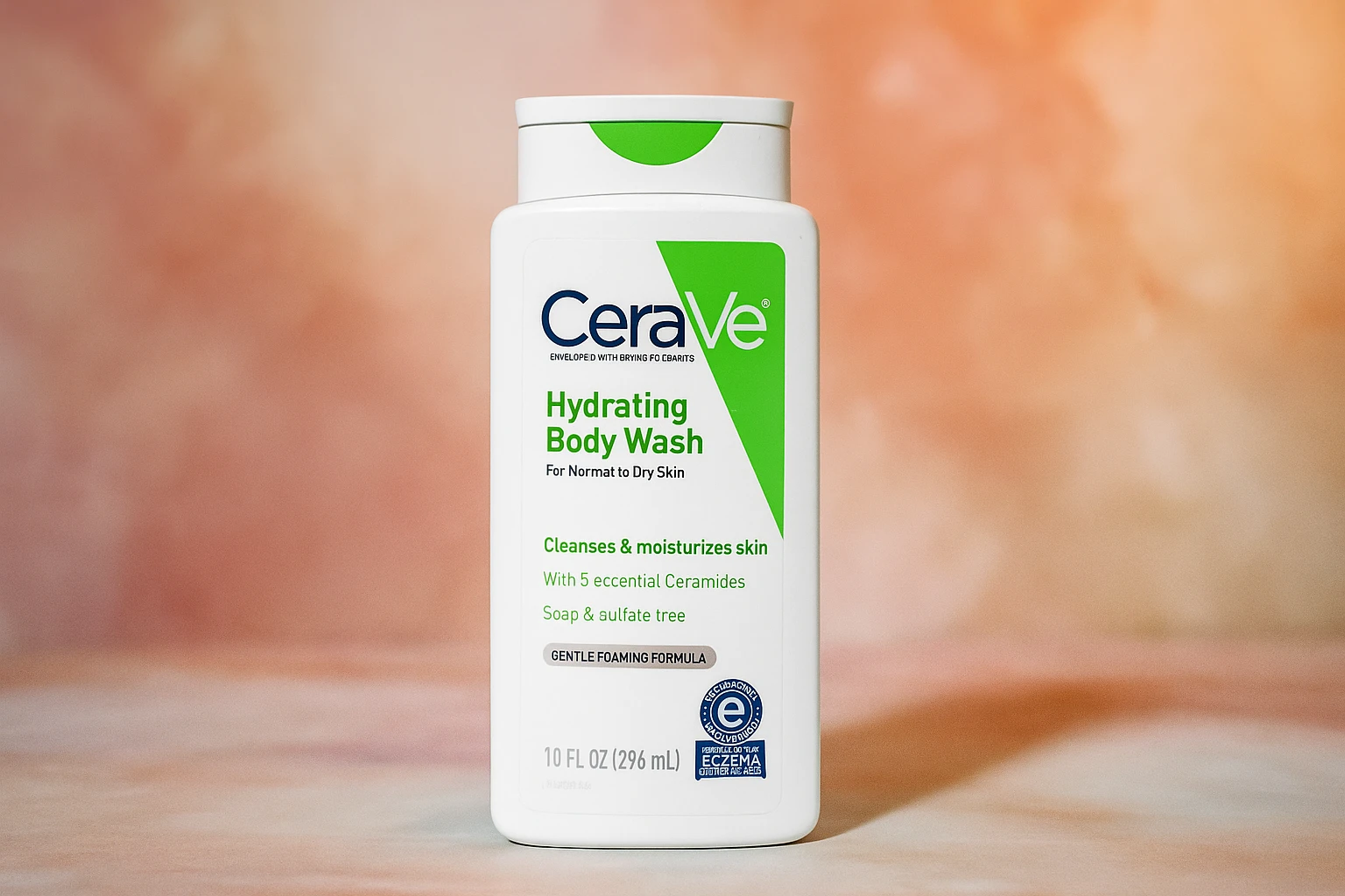 CeraVe Hydrating Body Wash for dry skin with ceramides and hyaluronic acid on a clean pastel background