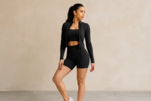 Woman wearing black compression shorts for workouts and activewear