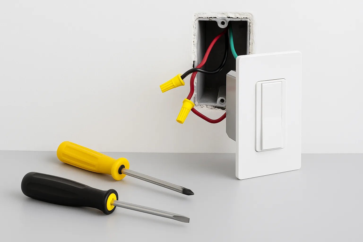 Dimmer switch Lutron installation showing modern white wall switch with connected wires and tools for a clean, professional lighting setup.