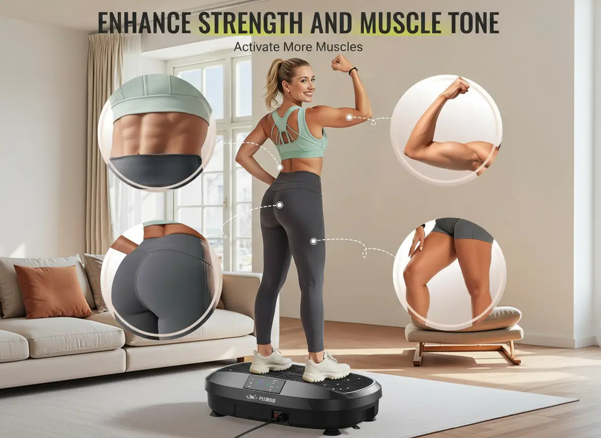 Woman using Flybird vibration plate at home to enhance muscle tone, strength, and full-body fitness benefits.