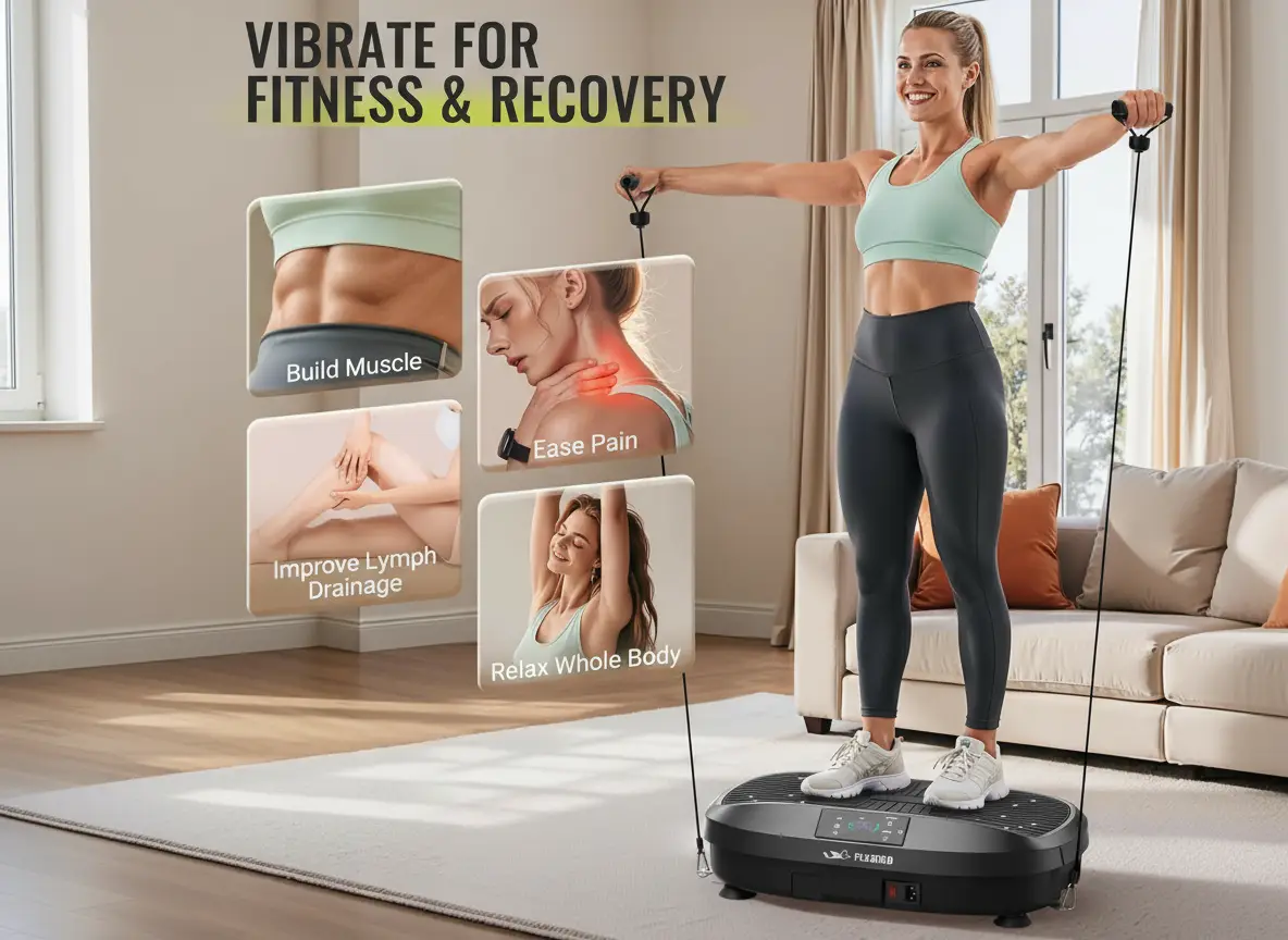 Flybird Vibration Plate used at home for full-body workouts, helping improve muscle tone, flexibility, circulation, and recovery.