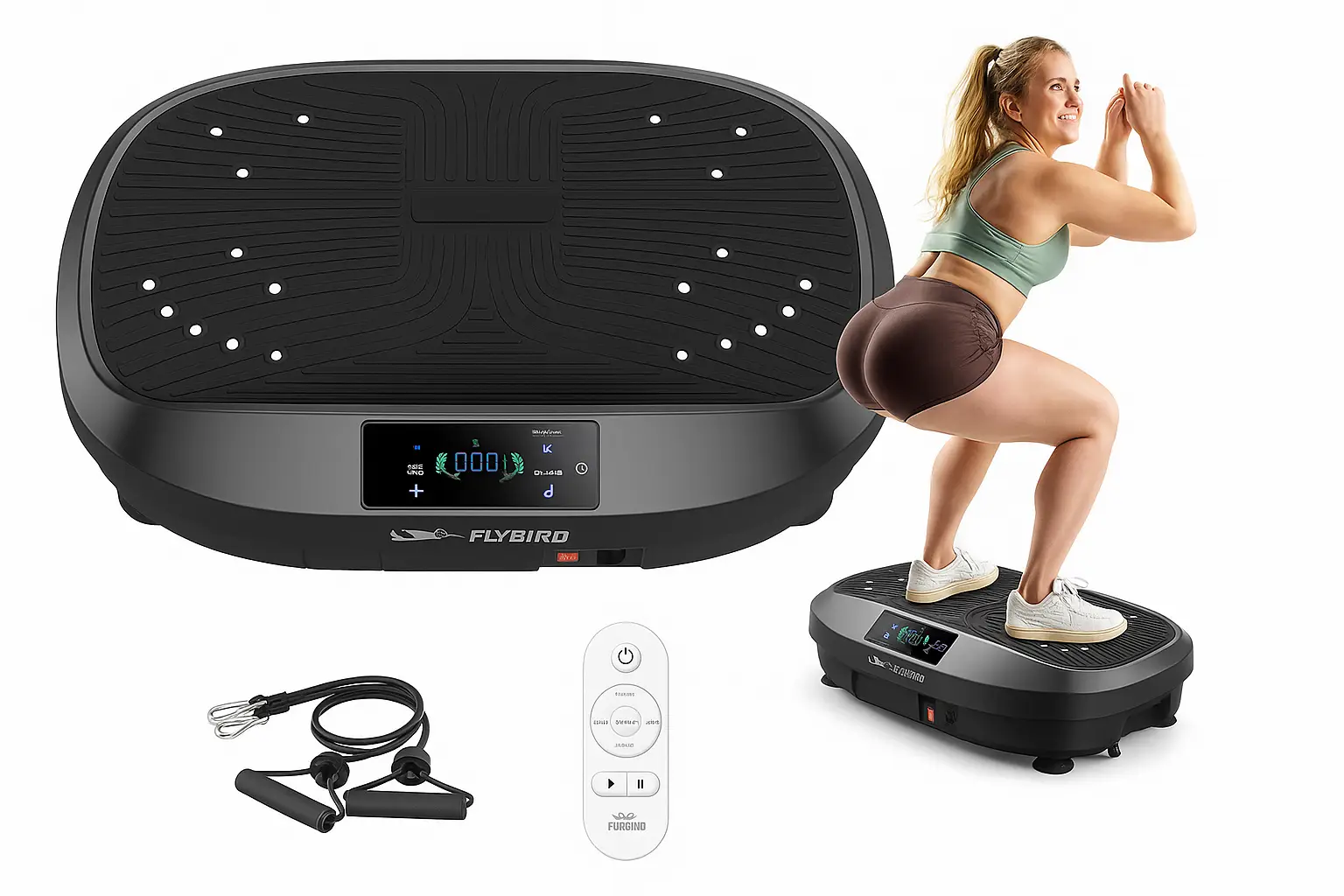 Woman exercising on a Flybird Vibration Plate for muscle recovery and home fitness training