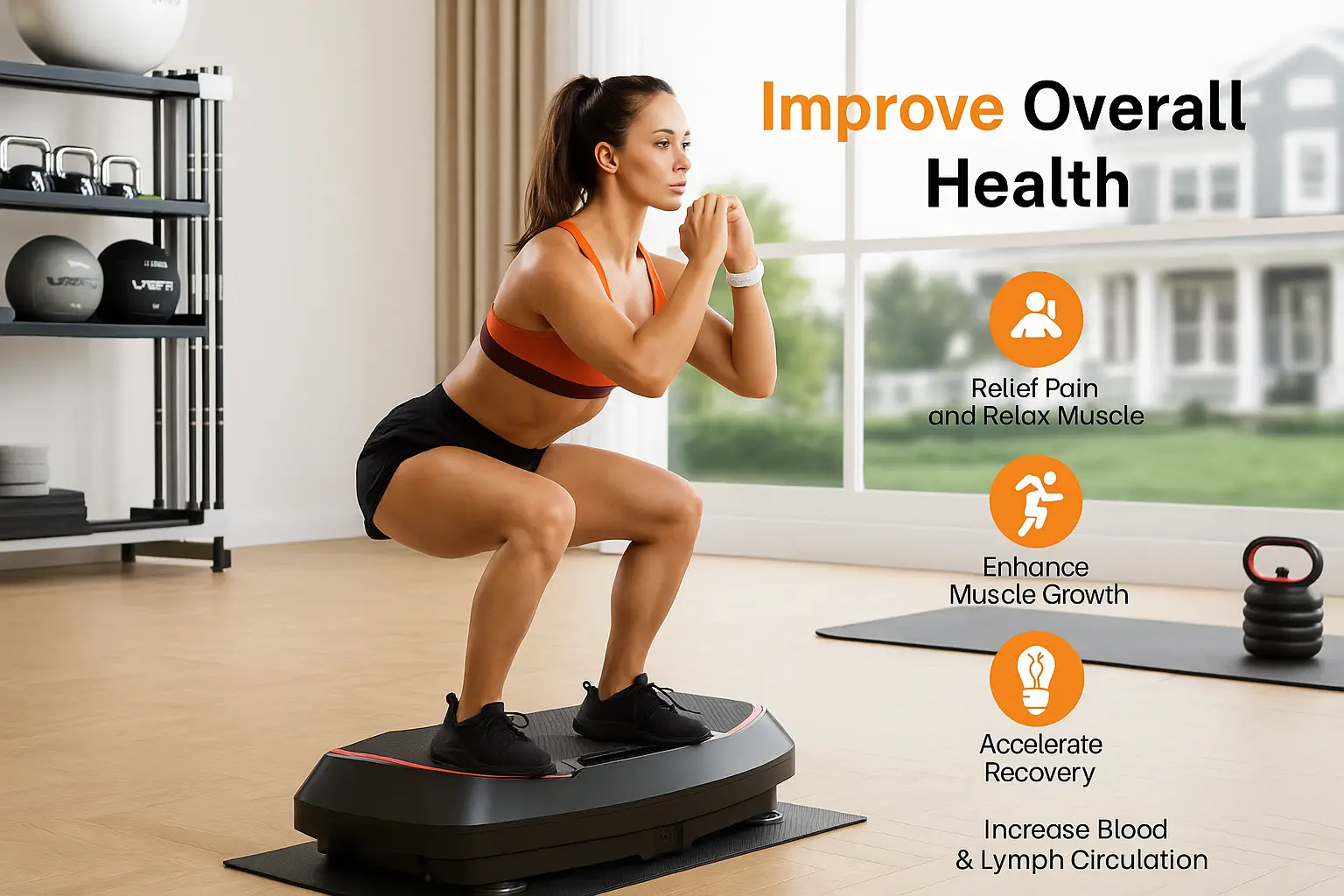 Woman using Flybird vibration plate for home workout following user manual instructions