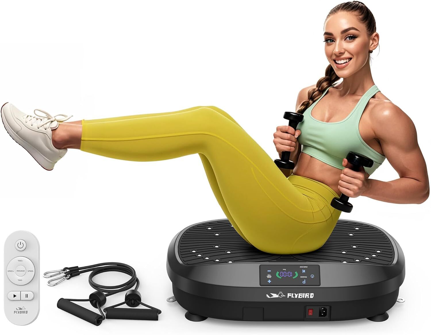 Woman performing squats on the Flybird Vibration Plate with remote and resistance bands displayed on a white background