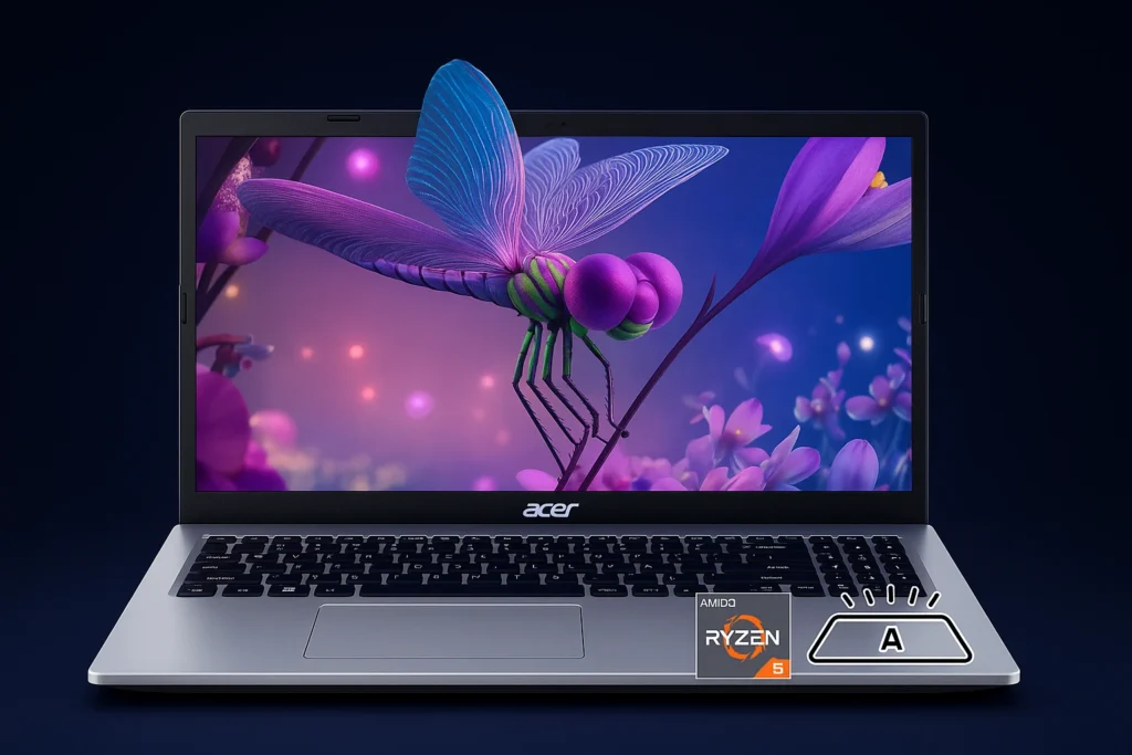 Laptop Aspire 3 Acer with AMD Ryzen 5 processor, slim silver design, and vibrant HD display