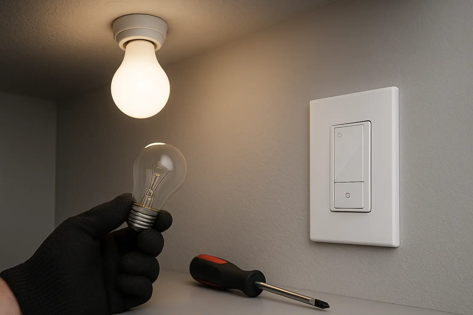 Lutron dimmer and switch setup with a glowing light bulb and tools nearby, illustrating smart lighting installation and troubleshooting.
