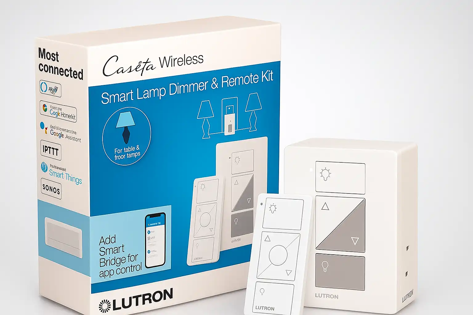 Lutron Dimmer Switch Smart Lamp Kit featuring the Lutron Caseta Wireless system with dimmer and remote for easy lighting control using Alexa, Google Assistant, or Apple HomeKit.
