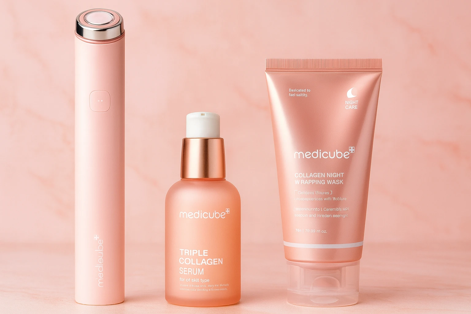 Medicube Collagen Mask products including the Night Wrapping Mask, Triple Collagen Serum, and skincare device displayed on a clean background