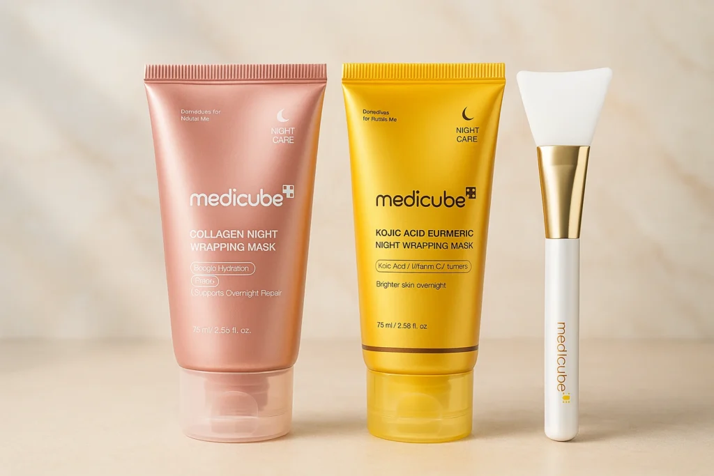 Medicube collagen mask product set featuring the night wrapping mask and applicator on a clean background