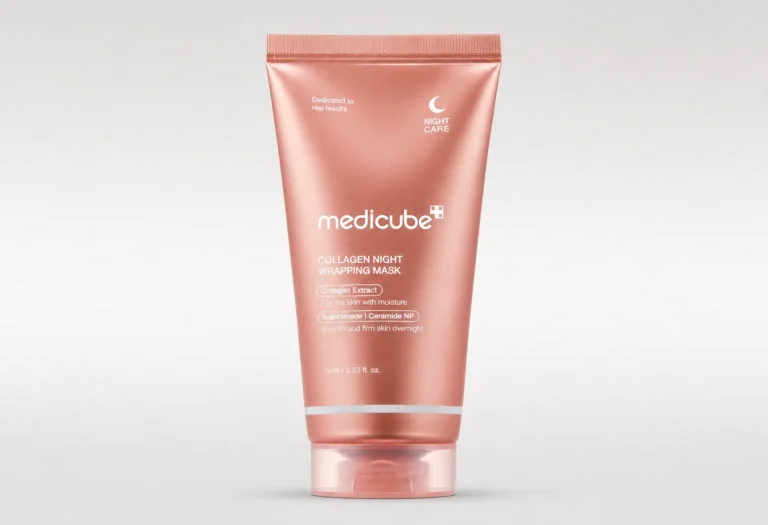 Medicube Collagen Night Wrapping Mask in pink tube on a neutral background