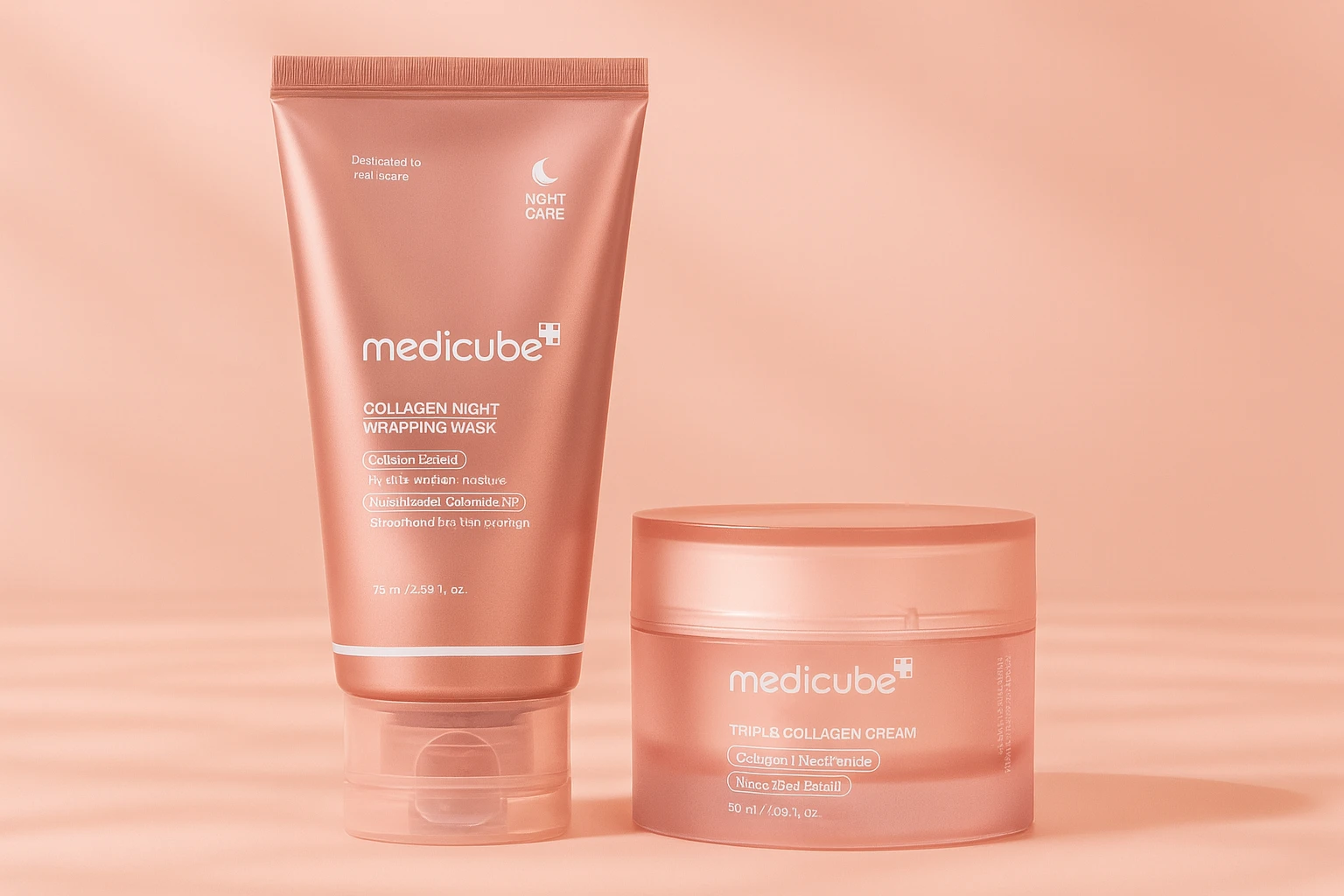 Medicube Collagen Night Wrapping Mask and Triple Collagen Cream displayed on a clean studio background