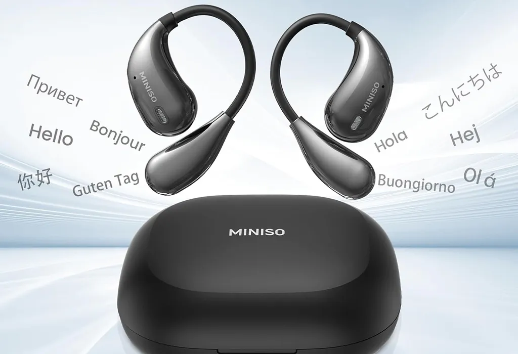 Miniso earbuds translator with wireless charging case designed for real-time multilingual communication