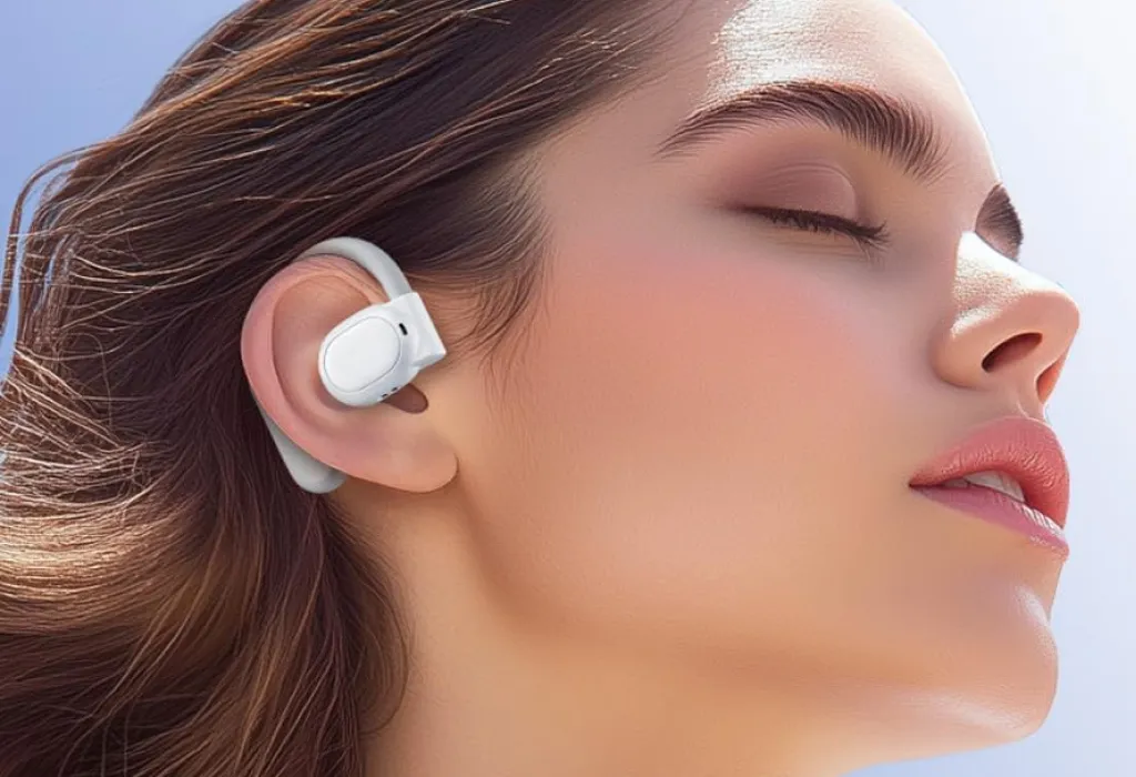Miniso translation earbuds placed beside their wireless charging case for seamless dual-language communication
