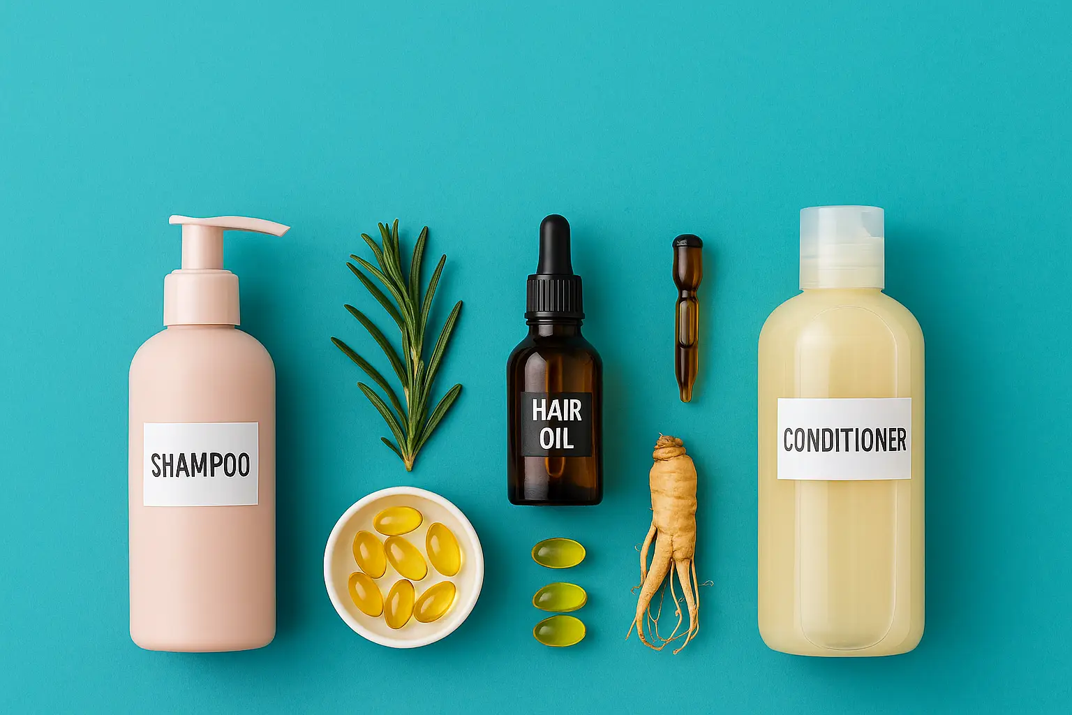 Flat lay of hair care products, shampoo, conditioner, hair oil, biotin capsules, rosemary, and ginseng root – which shampoo is best for hair growth and thickness