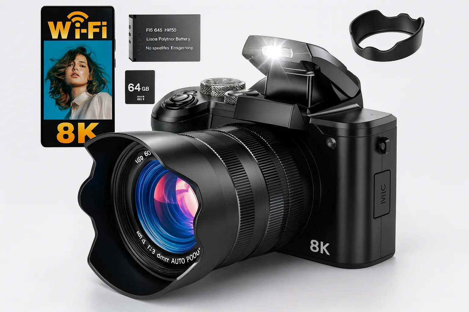 Digital camera with 8K lens shown in a studio setting representing the best cameras for photography in 2025