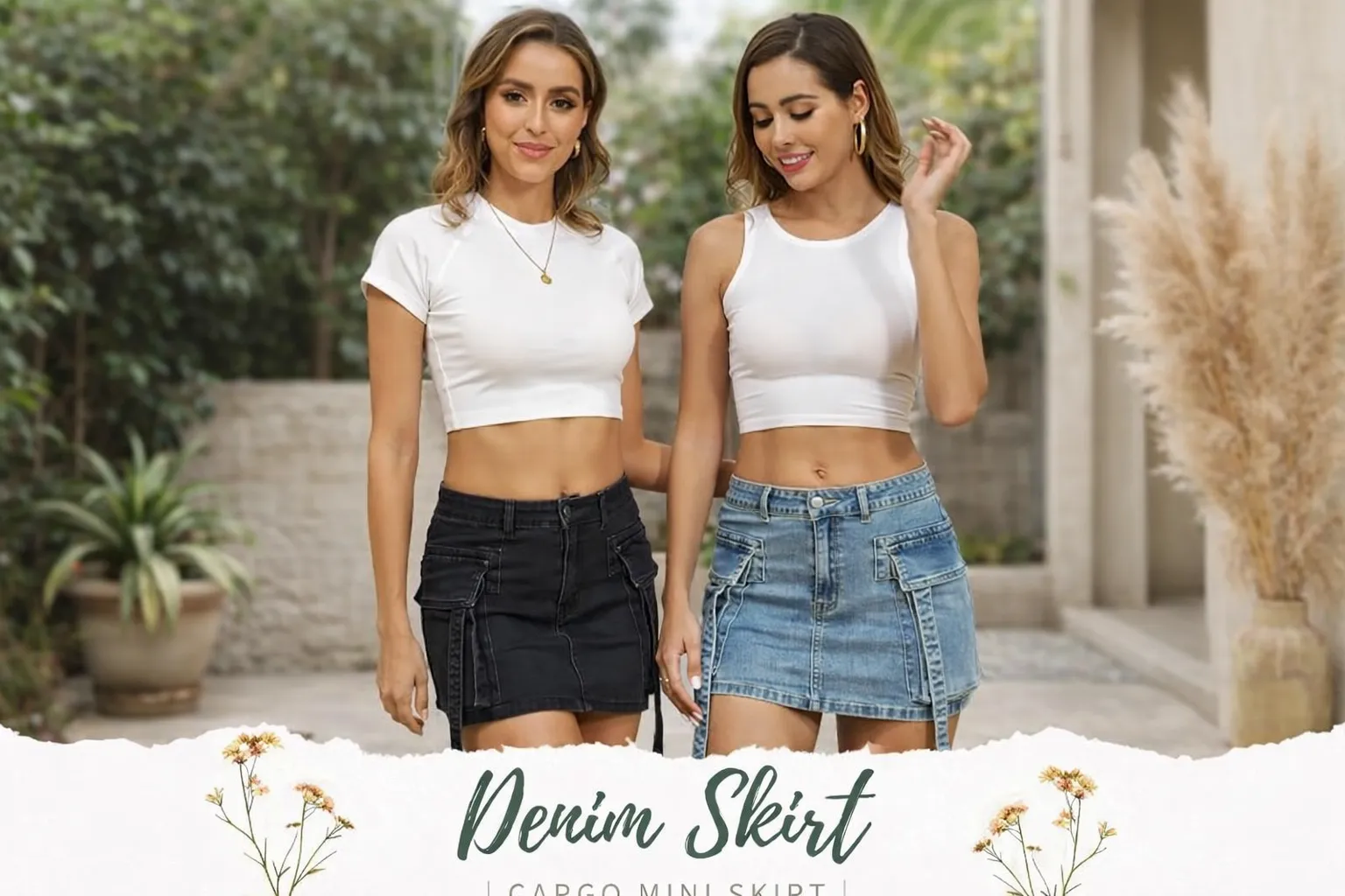 Black jean mini skirt styled with a fitted white crop top, showcasing a modern women’s cargo mini skirt outfit