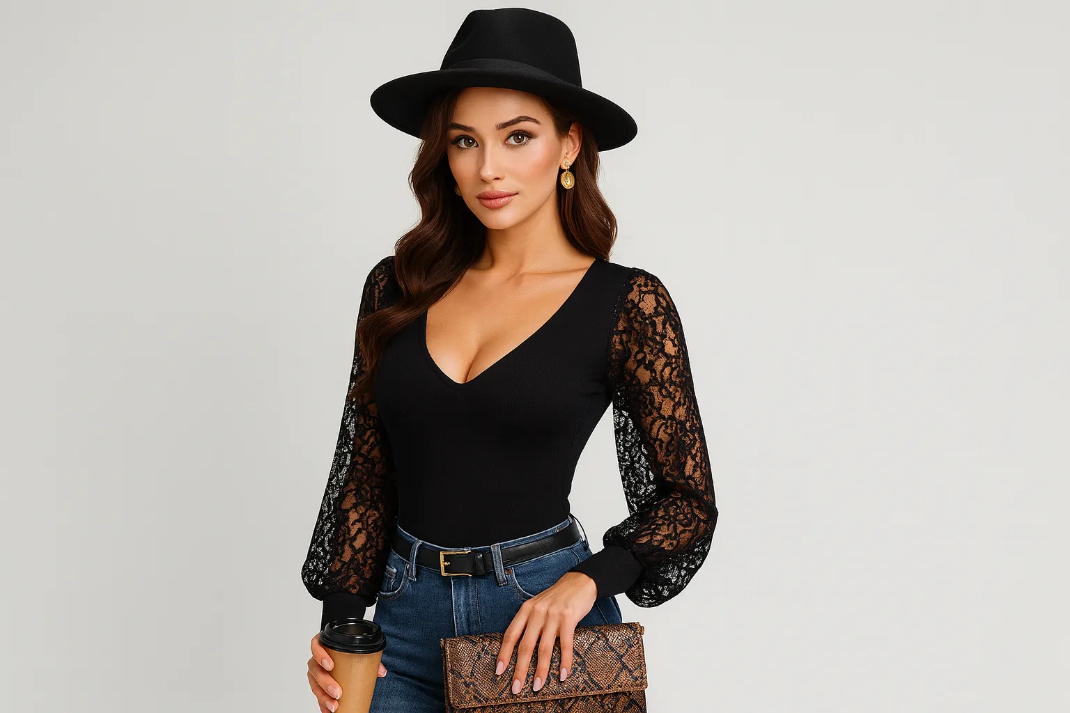Woman wearing a black lace bodysuit styled for a modern fashion look