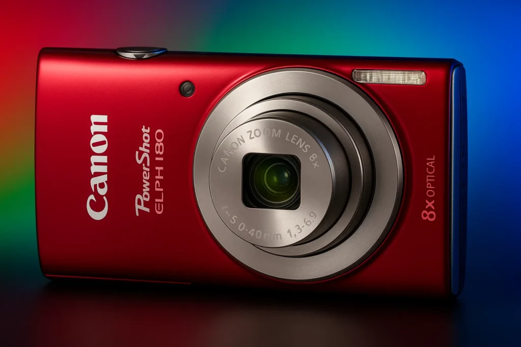 Canon PowerShot ELPH 180 compact digital camera in red with enhanced RGB background