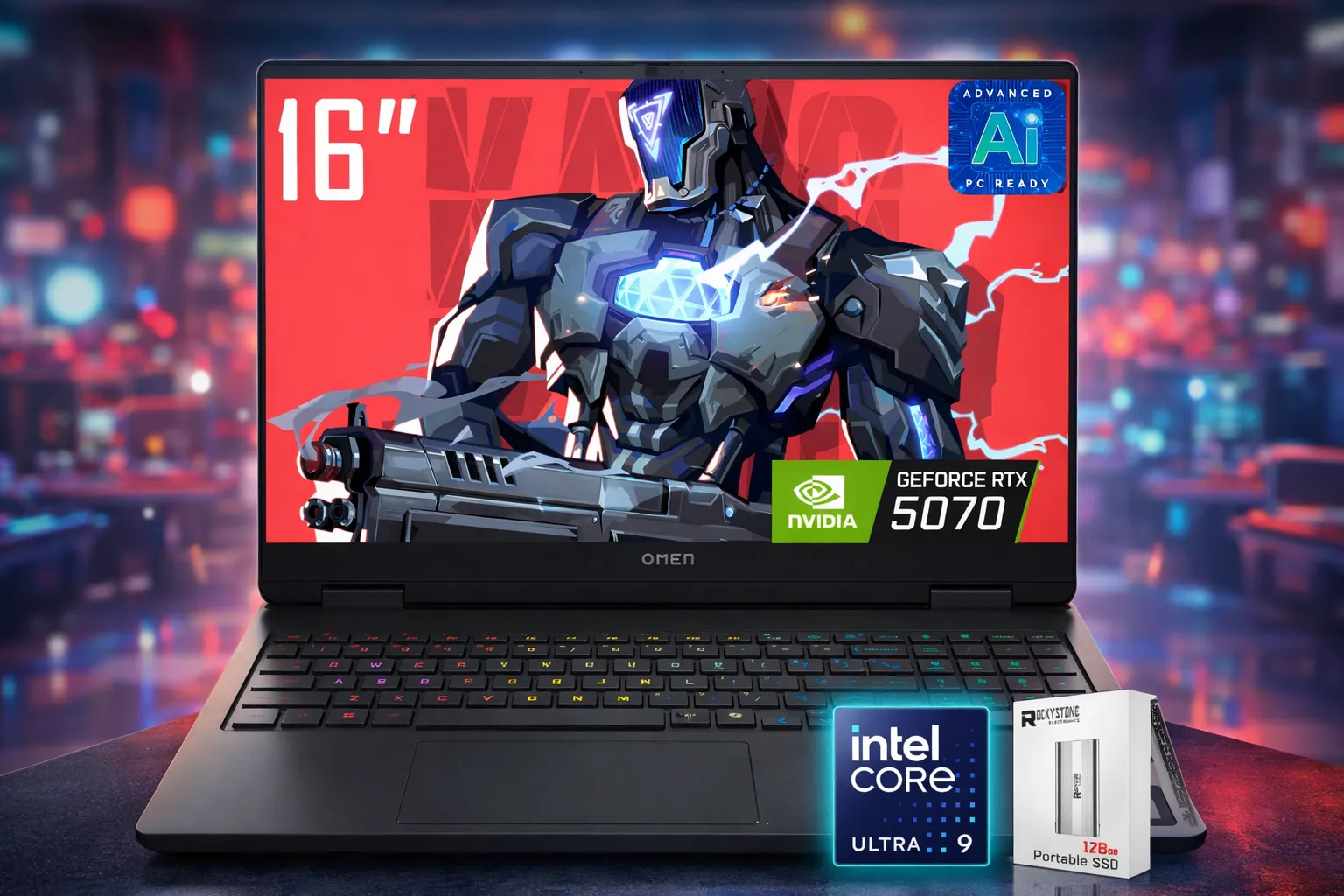 HP Omen 16 gaming laptop featuring a 16-inch display, Intel Core Ultra processor, NVIDIA GeForce RTX graphics, and RGB keyboard