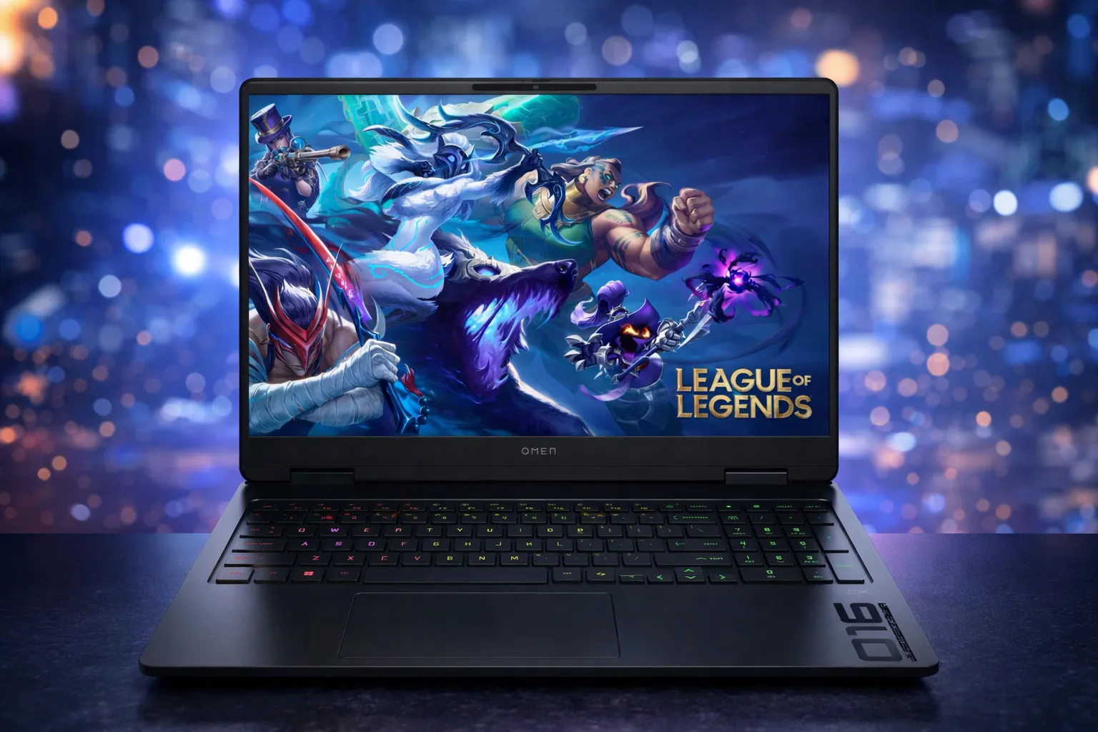 HP Omen gaming laptop with Intel Core Ultra 7 processor and RGB keyboard displaying immersive gameplay visuals