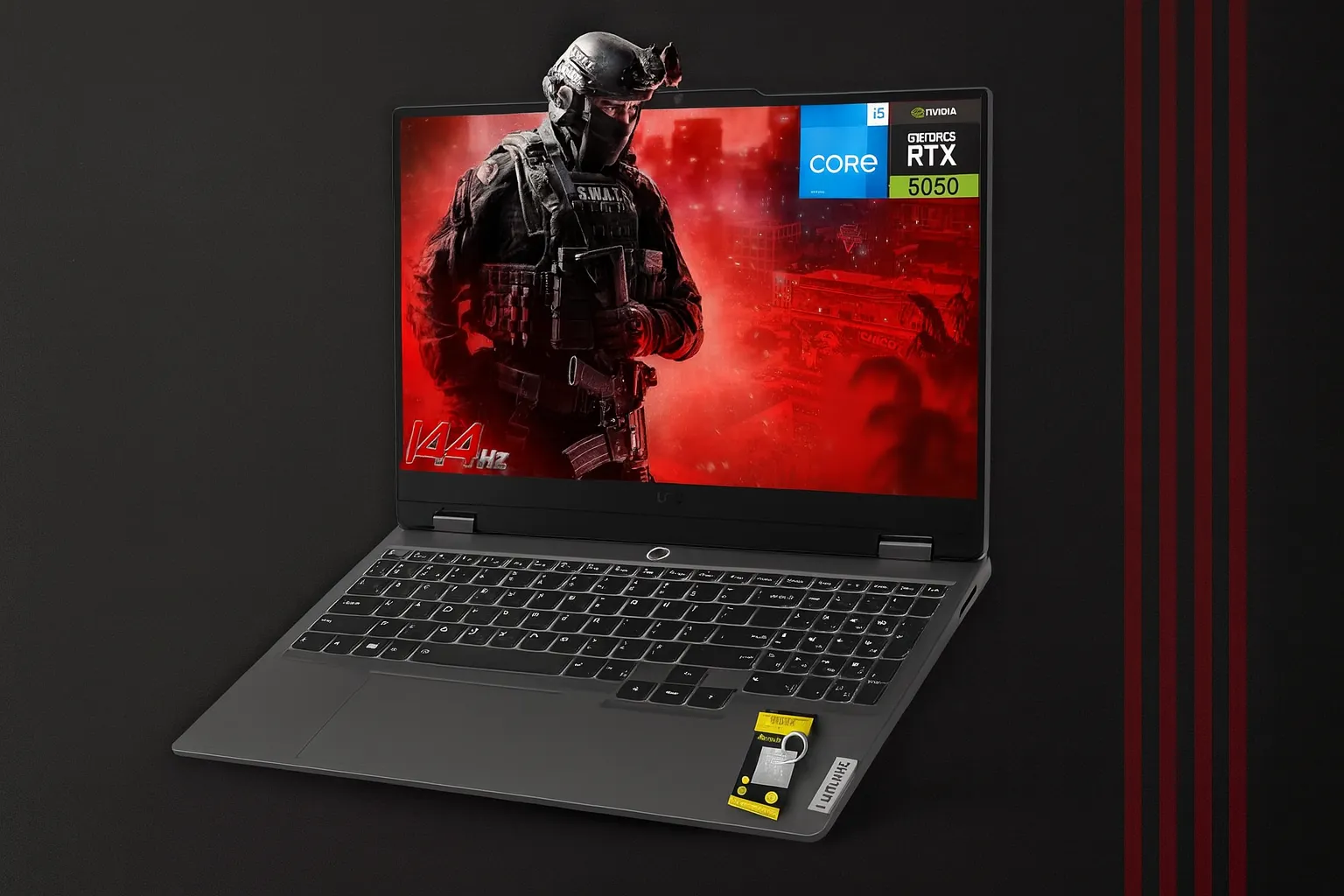 Legion gaming laptop with NVIDIA RTX graphics, Intel Core processor, and 144Hz display shown in a modern gaming setup