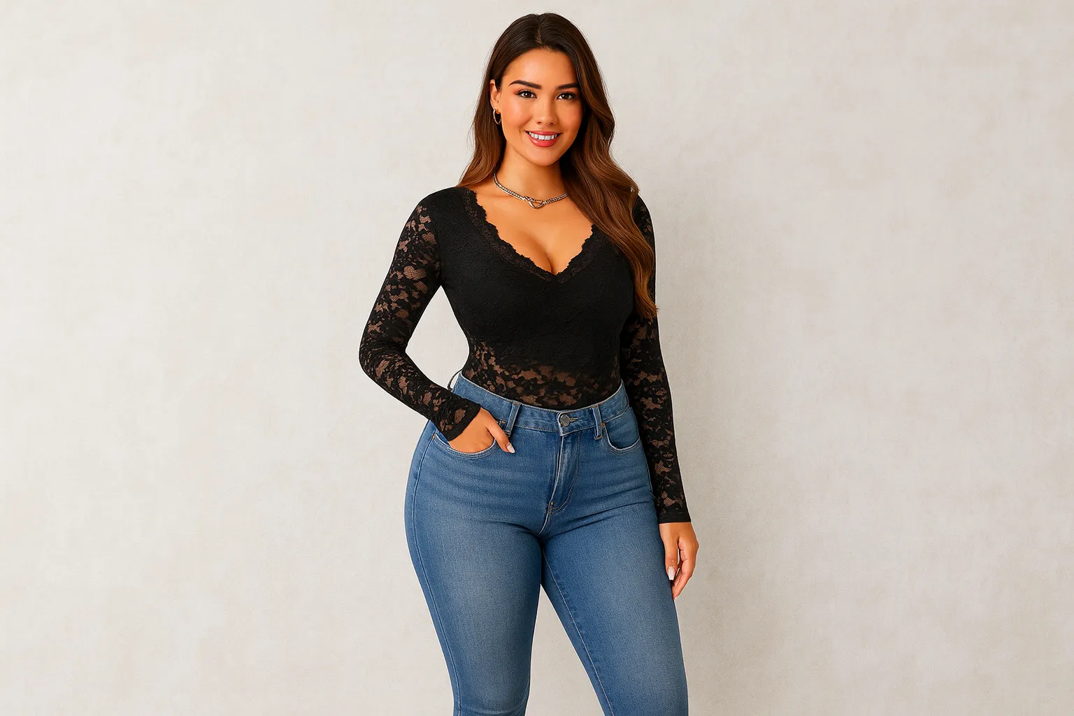 Woman wearing a long sleeve lace bodysuit styled in a modern fashion look