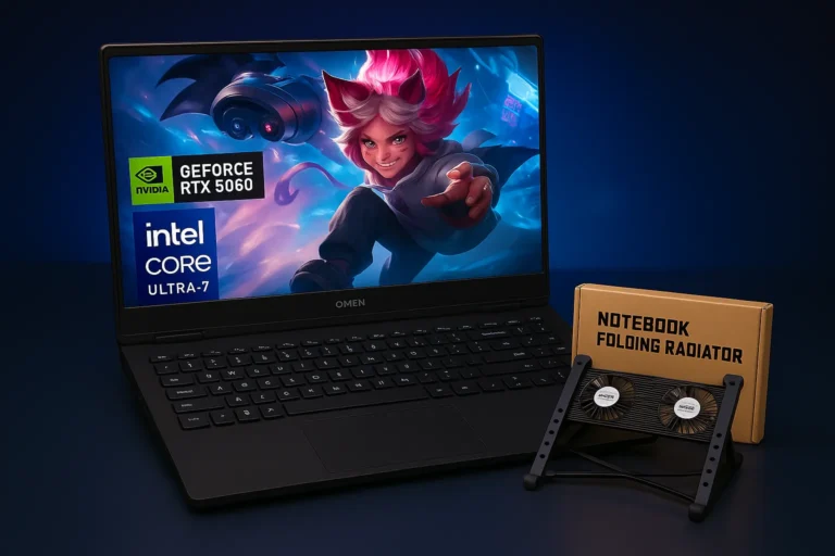 OMEN gaming laptop featuring NVIDIA GeForce RTX 5060 and Intel Core Ultra 7 processor on a professional studio background
