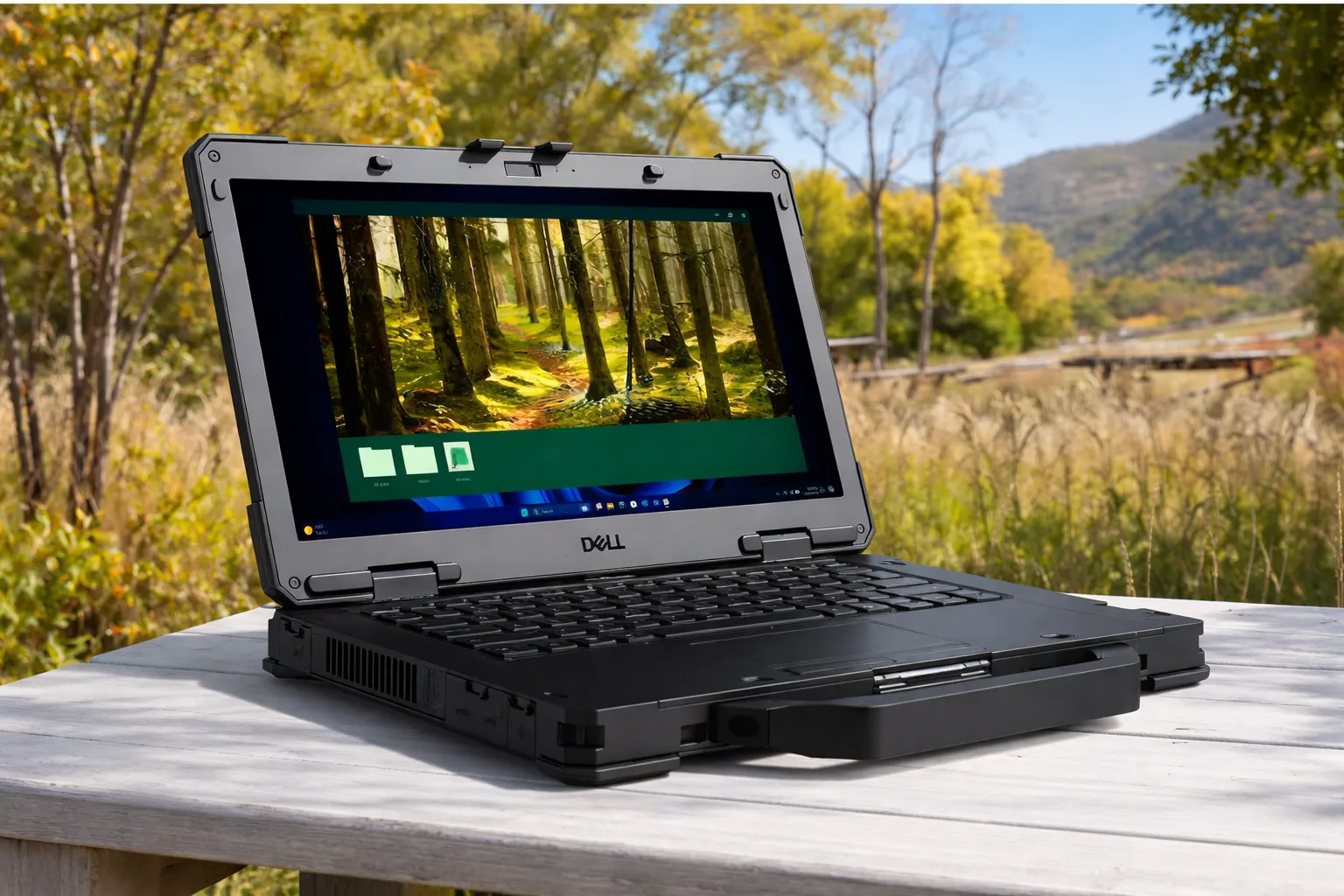 rugged computer laptop displayed outdoors with reinforced design for durability and professional use