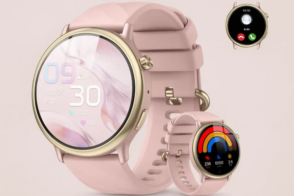 Stylish smartwatches for ladies in pink with gold bezel showing fitness and health tracking features