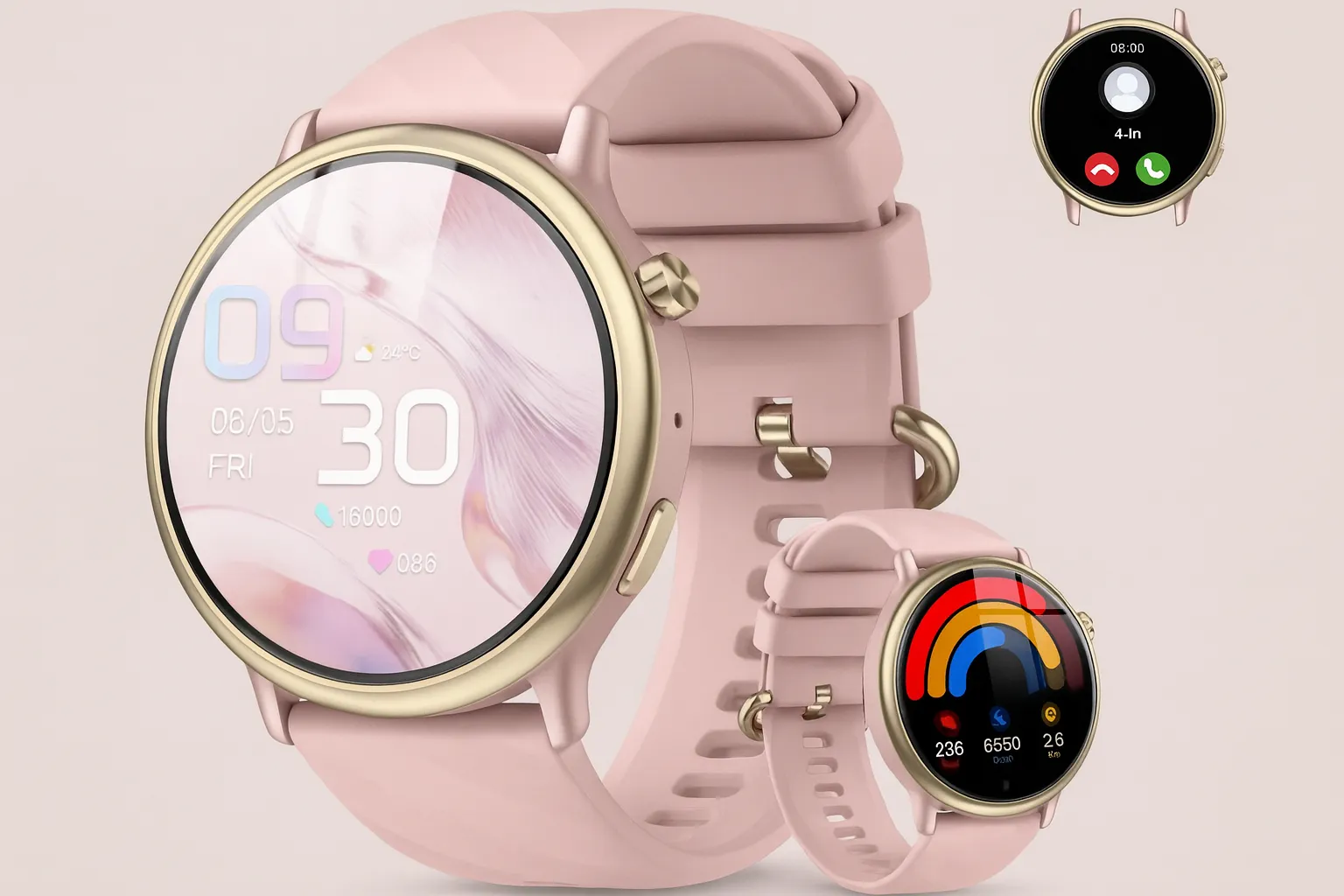 Stylish smartwatches for ladies in pink with gold bezel showing fitness and health tracking features