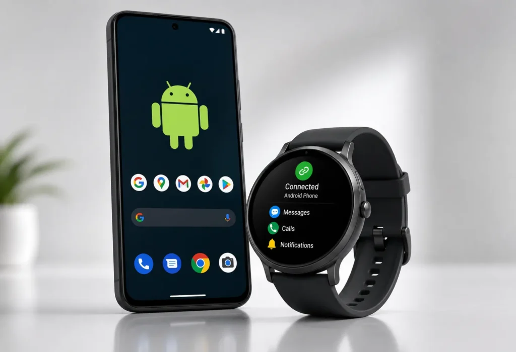 Android smartwatch connected to Android phone for calls texts and notifications