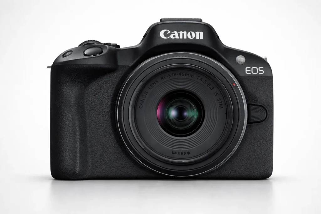 best canon camera mirrorless model with RF lens shown in studio lighting