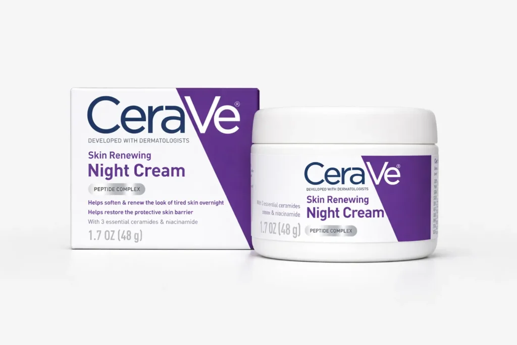 Best night cream for aging skin featuring CeraVe Skin Renewing Night Cream with peptides, ceramides, and niacinamide