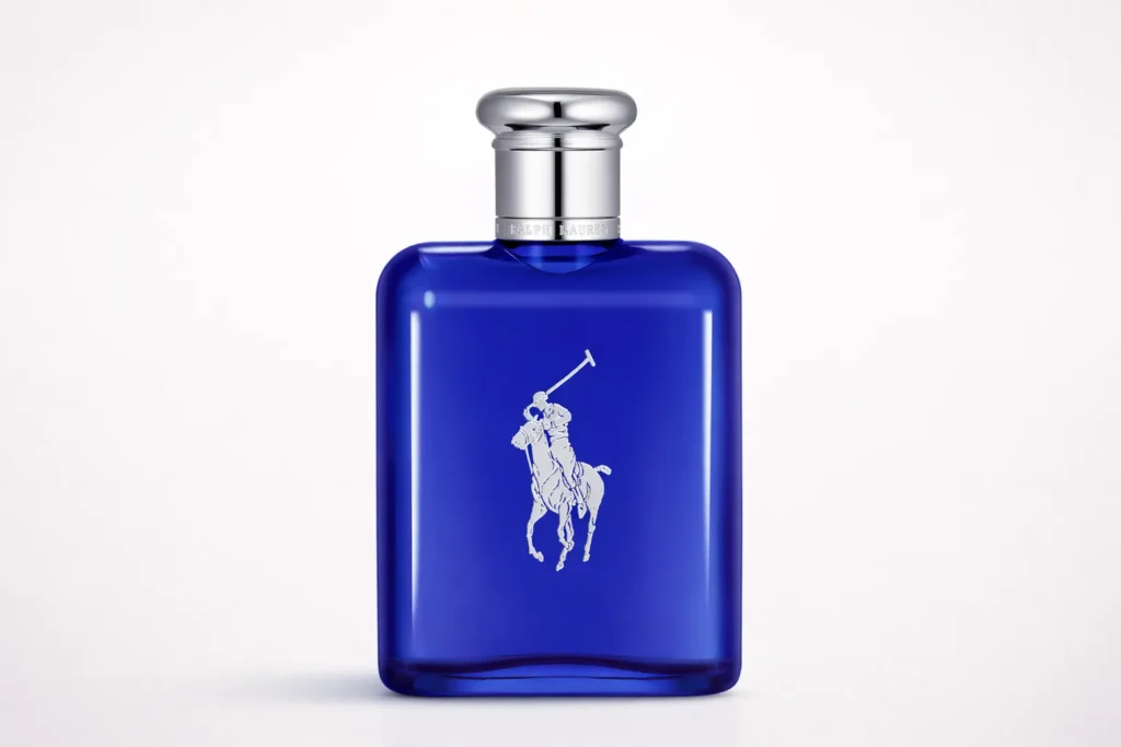 blue polo fragrance bottle by ralph lauren in clean editorial product image