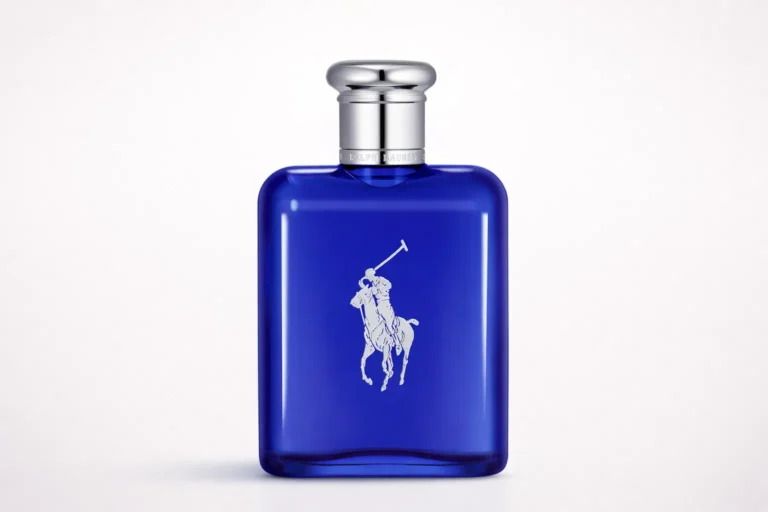 blue polo fragrance bottle by ralph lauren in clean editorial product image
