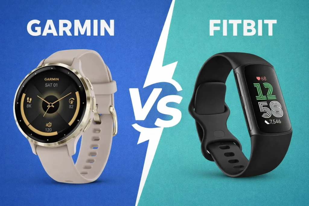 Garmin vs Fitbit smartwatch comparison showing Garmin Venu and Fitbit Charge side by side