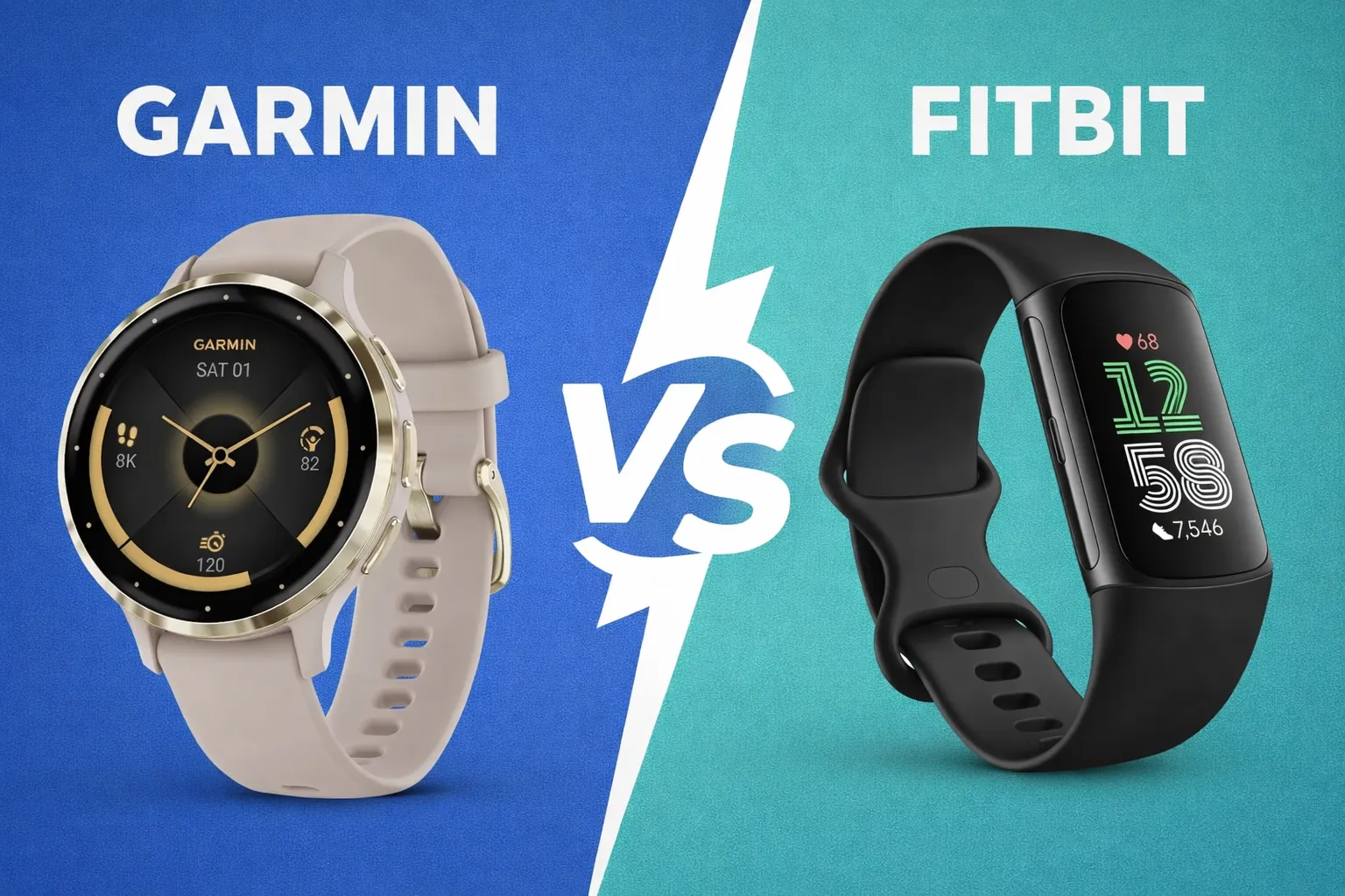 Garmin vs Fitbit smartwatch comparison showing Garmin Venu and Fitbit Charge side by side