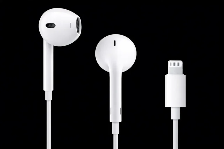 Good wired earbuds with lightning connector on black background