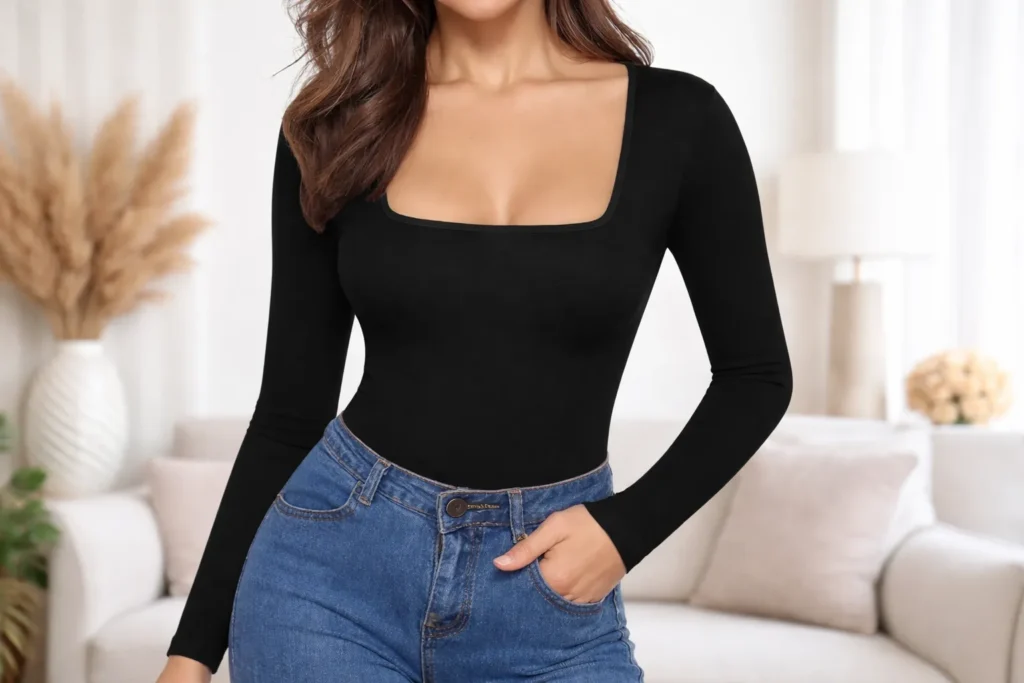 Women wearing a black long sleeve bodysuit with square neckline and high-waisted jeans
