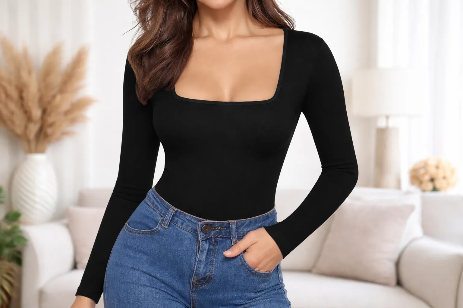 Women wearing a black long sleeve bodysuit with square neckline and high-waisted jeans