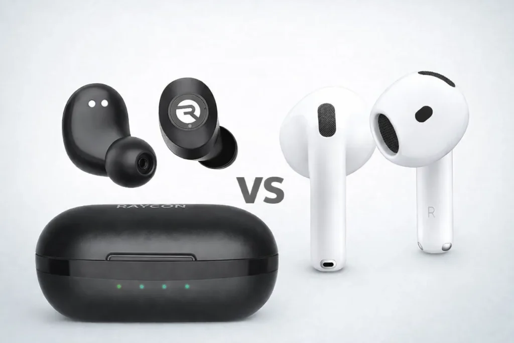 raycon earbuds vs airpods side by side comparison showing Raycon Everyday earbuds and Apple AirPods design differences