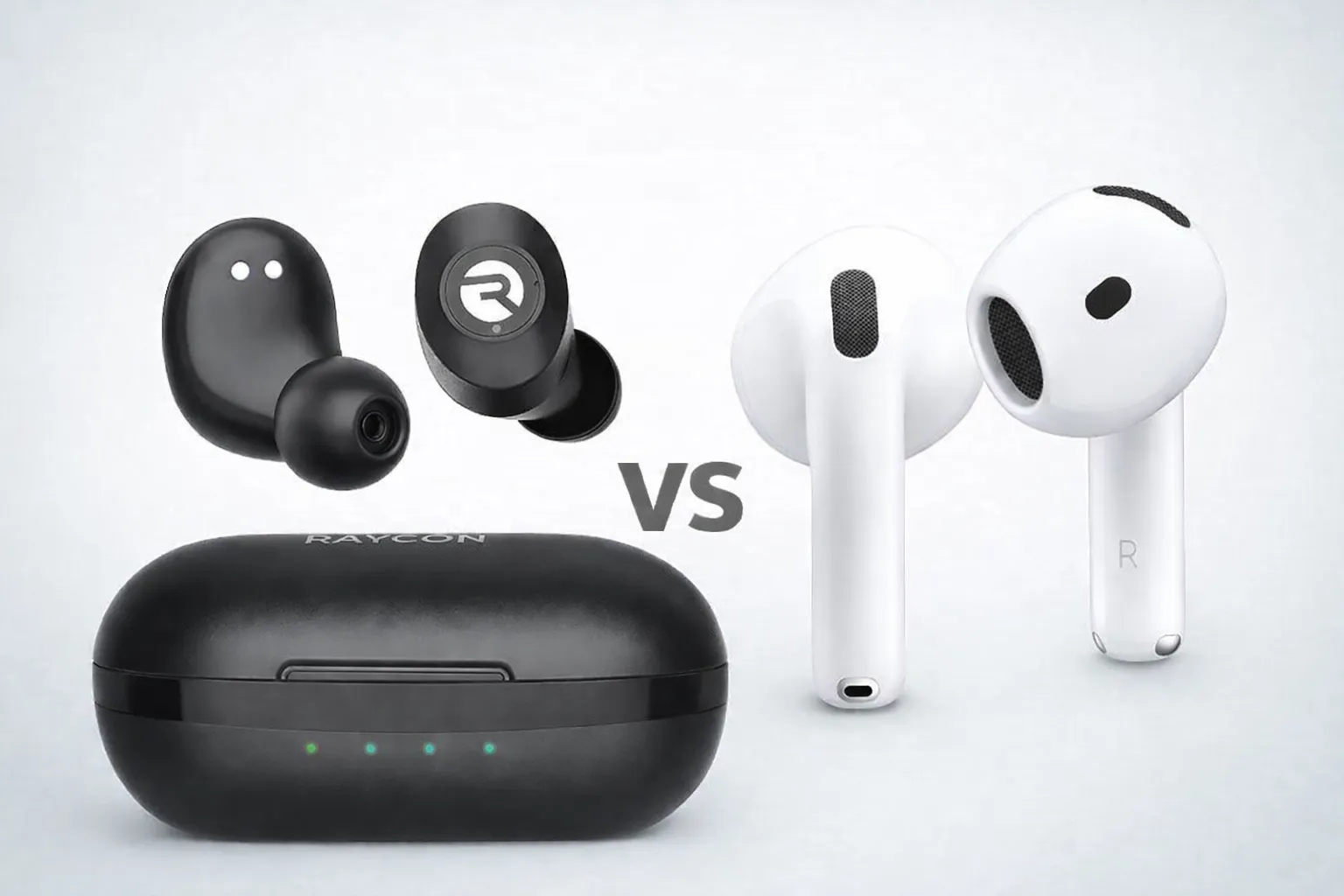 raycon earbuds vs airpods side by side comparison showing Raycon Everyday earbuds and Apple AirPods design differences