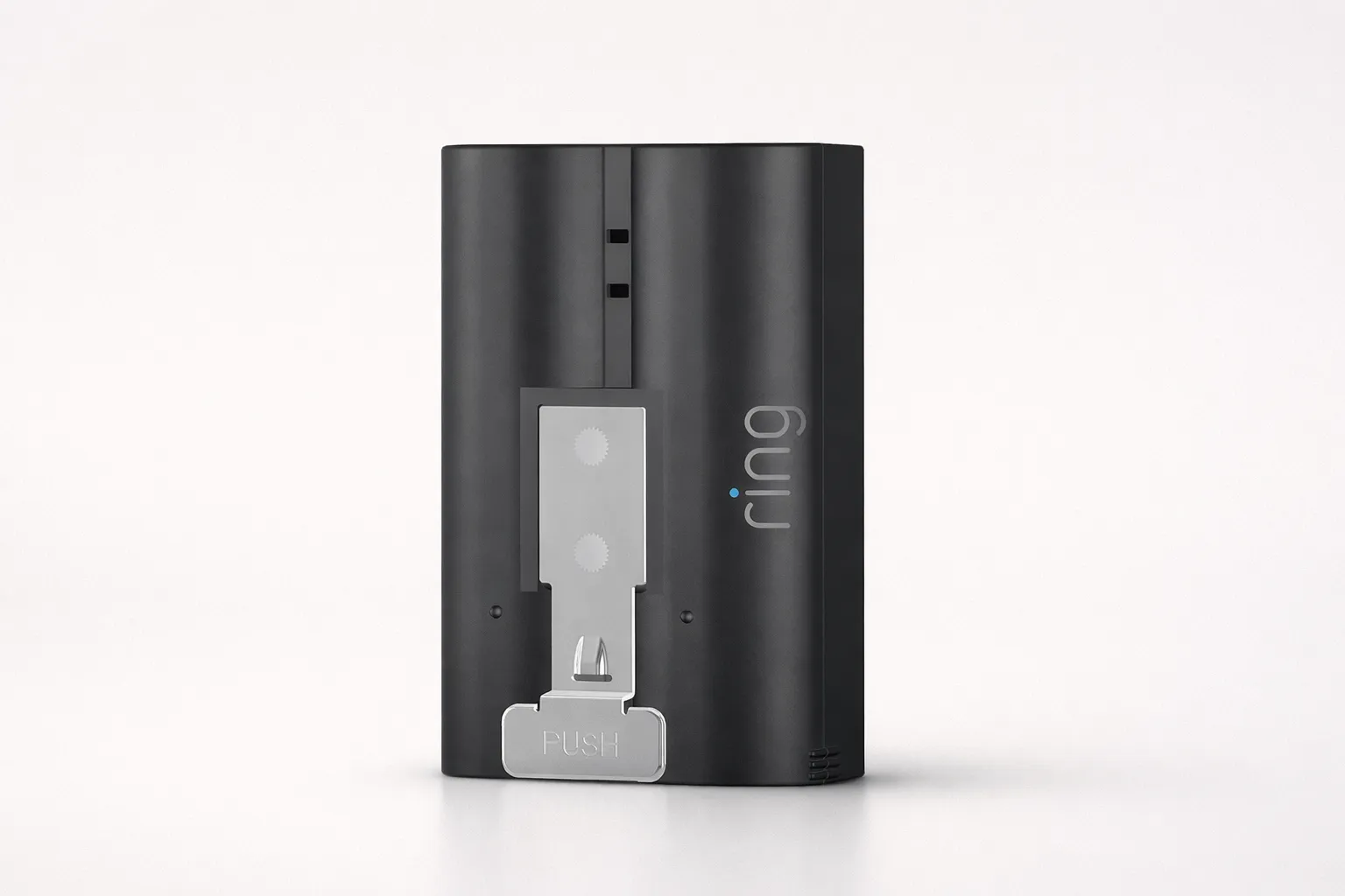 Ring doorbell battery shown upright with push-release tab on a clean neutral background