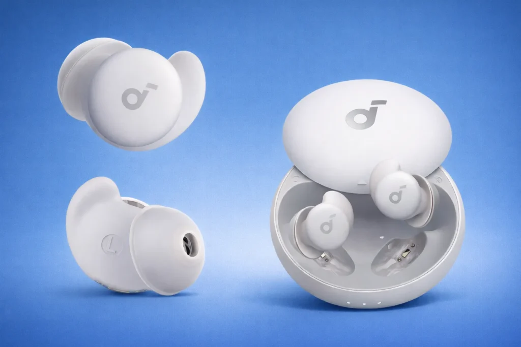 White wireless sleep earbuds with charging case designed for comfortable noise isolation during sleep