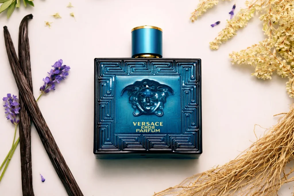 Versace Eros cologne bottle featuring the iconic blue Medusa design