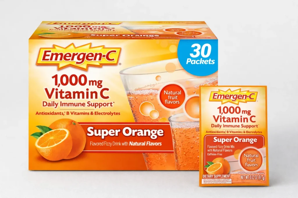 Vitamin C packets by Emergen-C featuring 1000 mg vitamin C super orange flavor for daily immune support