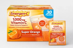 Vitamin C packets by Emergen-C featuring 1000 mg vitamin C super orange flavor for daily immune support