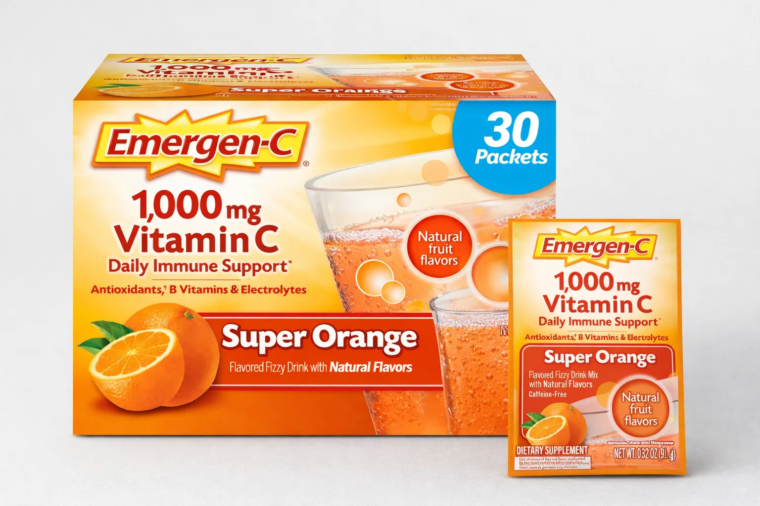 Vitamin C packets by Emergen-C featuring 1000 mg vitamin C super orange flavor for daily immune support
