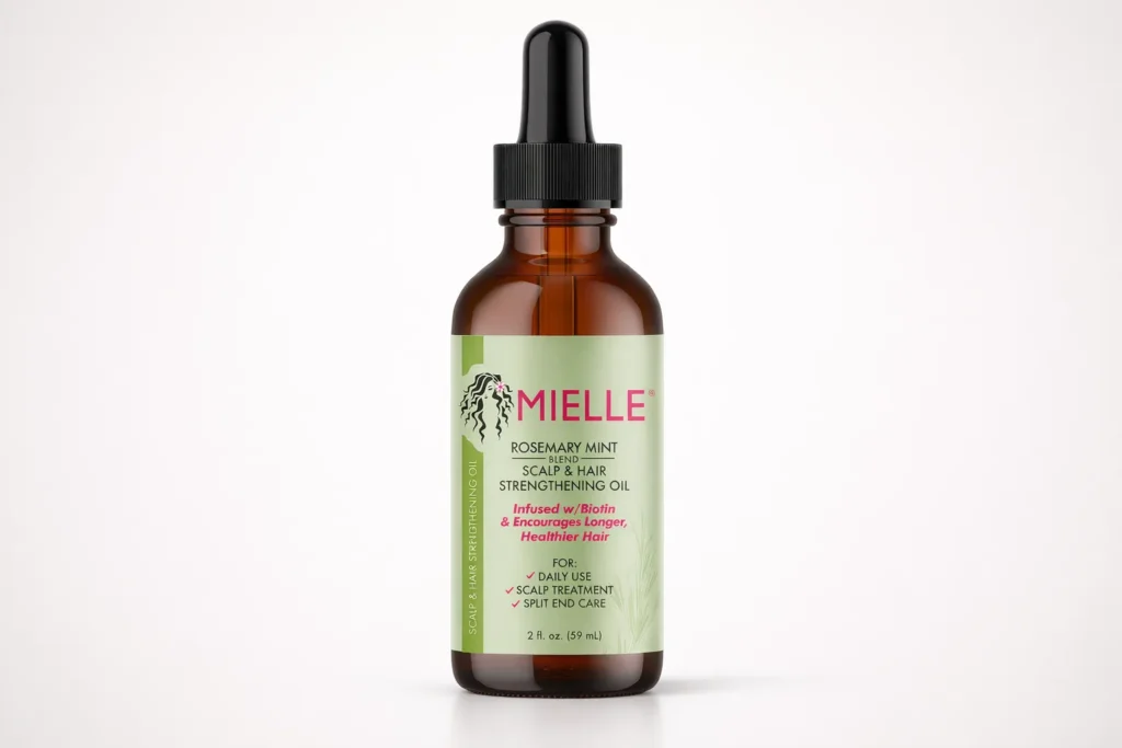 Best hair growth oil featuring Mielle Rosemary Mint scalp and hair strengthening oil in an editorial studio image