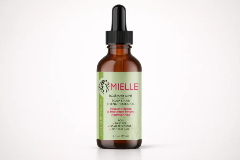 Best hair growth oil featuring Mielle Rosemary Mint scalp and hair strengthening oil in an editorial studio image